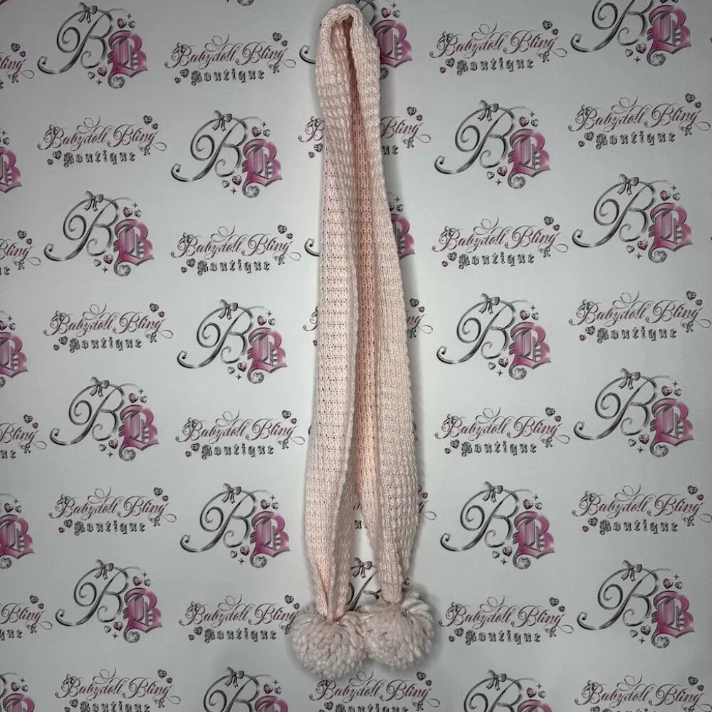 Scarf sparkly Cozy baby pink Knit Scarf with Pom Poms glitter pink crochet 🧶